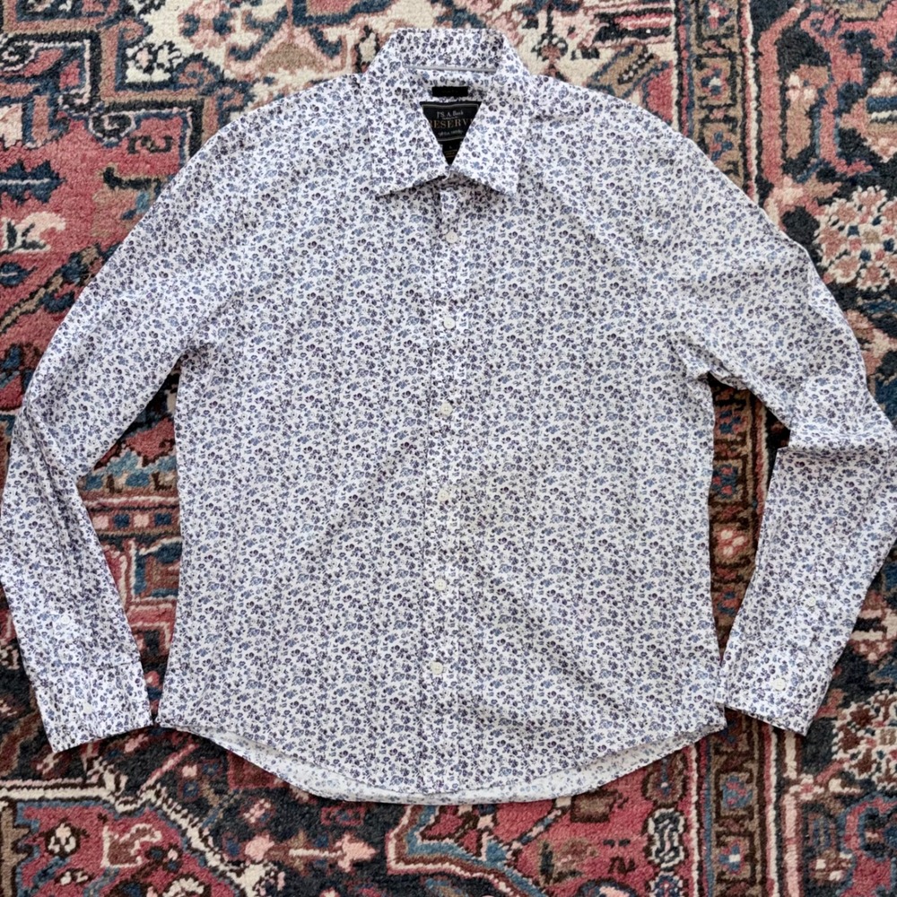 Jos A Bank Reserve Button Down Mens‎ Large Blue Floral Slim Fit Excellent Cotton
